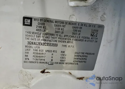 2012 Chevrolet Captiva Sport из США, поврежденный, VIN 3GNAL2EK2CS553559